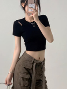 高腰短款露脐镂空纯棉t恤女上衣夏季紧身法式黑色短袖打底衫