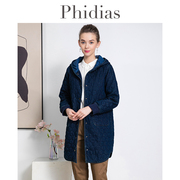 phidias宽松大码女装，中长款牛仔棉衣女，连帽长袖棉服2023冬季