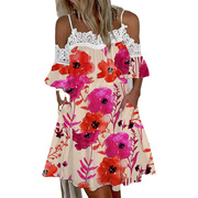 9374#亚马逊欧美跨境时尚女装，短款印花荷叶，边口袋花边吊带连衣裙