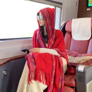 波西米亚云南旅游拍照开叉民族，风披肩女连帽，红色加厚斗篷空调披风
