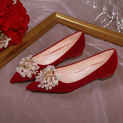 小众婚鞋新娘鞋女粗跟红色，秀禾主婚纱两穿平底不累脚高级感高跟鞋