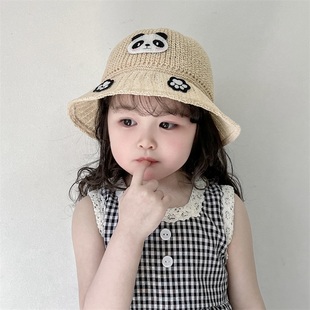 夏季儿童草帽可爱熊猫女宝宝渔夫帽大帽檐透气网帽小孩沙滩帽遮阳