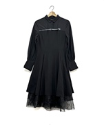 圣迪折扣女装 时尚酷黑翻领字母贴布蕾丝拼接长袖衬衫连衣裙