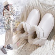 白色雪地靴女2021年冬季加绒加厚棉鞋短筒皮面，防水面包鞋女靴