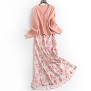 粉色花卉印花显瘦修身温柔淑女风两件套装，长袖女长裙连衣裙n717