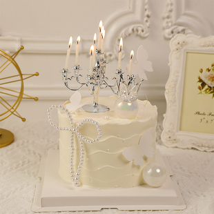 214情人节生日蛋糕，装饰复古烛台摆件情侣告白珍珠，蝴蝶结插件
