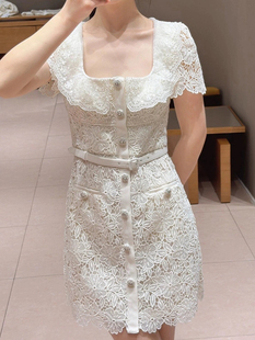 米白色水溶蕾丝性感方领短袖，收腰连衣裙女装，法式复古chic短裙