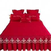 婚庆大红色夹棉床裙式床罩单件公主风蕾丝刺绣花边加厚保护套防滑