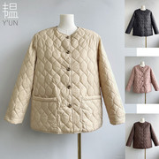 yun韫2023冬季女装圆领，打格棉服休闲百搭单排扣短款大口袋棉外套