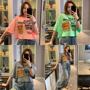 韩国2023夏季女装，荧光色薄款印花宽松短款t恤