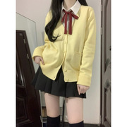 黄色针织开衫毛衣可爱外套，女日系学院风小鸡黄针织长袖上衣套装