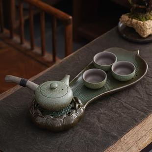 绚静 陶瓷茶具套装粗陶功夫茶具组合茶壶茶杯莲花茶盘复古窑变绿