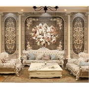 欧式经典花纹客厅沙发电视，背景墙壁纸奢华立体卧室床头影视墙壁画