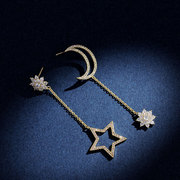 925银针不对称星月组合耳钉韩版星星耳环女复古月亮耳饰长款耳坠
