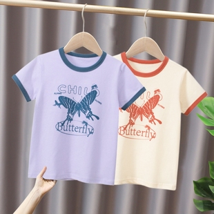 童装儿童夏季纯棉紫色短袖，t恤2023女童蝴蝶，印花上衣宝宝衣服