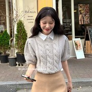 韩国冬款小甜妞甜美钉珠圆领短袖针织衫