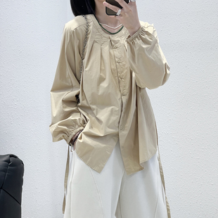 4.17 福利 SH-003韩版褶皱圆领腰带全棉长袖衬衫