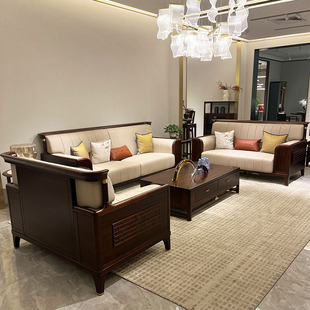 新中式实木沙发组合现代简约别墅，大小户型客厅国潮高端样板房家具