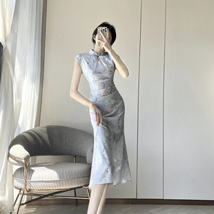 夏季新中式印花国风改良旗袍裙，子女高端精致减龄包袖显身材连衣裙