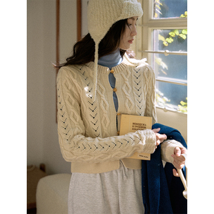 jicouture镂空勾花复古羊毛开衫，女冬季短款麻花显瘦长袖针织上衣
