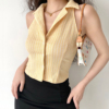 gogirlgo自制80s复古黄色格子，翻领无袖衬衫女夏季修身短款上衣