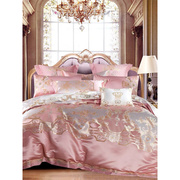 欧式高档奢华粉色结婚床上用品四件套贡缎提花纯棉床单六八十件套