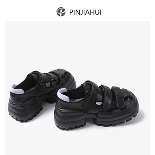 pinjiahui 方糖鞋厚底凉鞋女松糕底外穿包头平底鞋子黑色罗马凉鞋