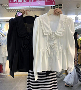 韩国东大门2024春季时尚气质甜美宽松白色娃娃领长袖衬衫女装