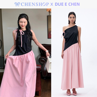 dueechen时尚，拼色斜腰连衣裙修身显瘦百搭女chenshop设计师品牌
