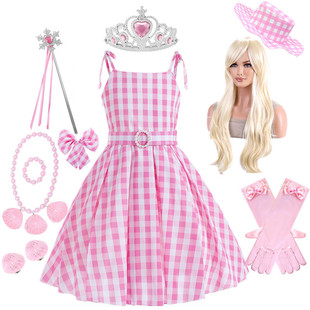 公主裙女童cosplay真人，芭比同款粉红吊带连衣裙，收腰梦幻表演礼服