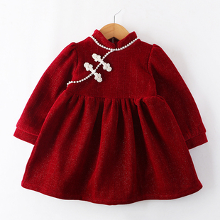 女童连衣裙冬公主裙儿童，裙子加绒新年装宝宝，周岁礼服红色冬裙旗袍
