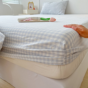 水洗棉格子床笠三件套防滑式床单单件，席梦思床垫防尘罩保护套床罩
