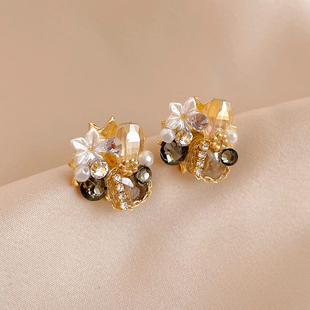 925银针复古水晶镶水钻花朵几何耳饰品女欧美时尚高级感气质耳环