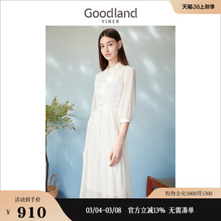 goodland美地女装，2023春季法式拼接雪纺七分袖，a字裙连衣裙