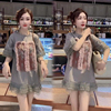 欧洲站2024韩版洋气蕾丝短袖中长款宽松T恤女夏时尚圆领卫衣