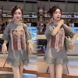 欧洲站2023韩版洋气蕾丝短袖，中长款宽松t恤女夏时尚(夏时尚)圆领卫衣