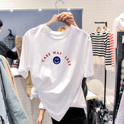 宽松字母蓝色图案卡通短袖T恤女2023夏韩版印花白色大尺码上