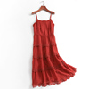 X228茶歇法式V领红色吊带连衣裙女夏海边度假沙滩裙气质蓬蓬长裙