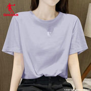 乔丹短袖女T恤正肩紫色夏季圆领宽松上衣女士半袖跑步体恤运动服