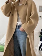 韩国mone中长款毛呢驼色大衣，23年复古高级感双面羊绒外套
