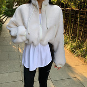 韩国东大门冬装颗粒绒抽绳立领棒球，服女宽松加厚短款羊羔，毛外套(毛外套)