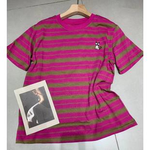 玫红条纹短袖t恤女夏季猫咪刺绣，圆领韩版时尚，宽松百搭显瘦上衣潮