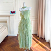 法式2024高品质吊带连衣裙，小清新海边度假旅游草绿色连衣裙