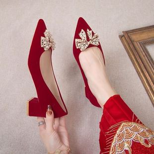 粗跟婚鞋女2023年中式红色结婚新娘鞋子不累脚孕妇可穿高跟鞋