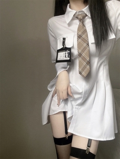 纯欲风白色长袖衬衫连衣裙女2023春季设计感收腰显瘦a字短裙
