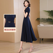 夏季藏蓝色连衣裙女中长款2024正式场合显瘦通勤西装领职业裙
