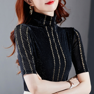 韩版女装秋季高领打底衫女中袖网纱T恤烫金条纹修身上衣洋气小衫