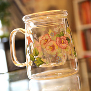 韩国高硼硅玻璃茶水杯 带盖花茶杯手把杯 高档印花耐高温大容量