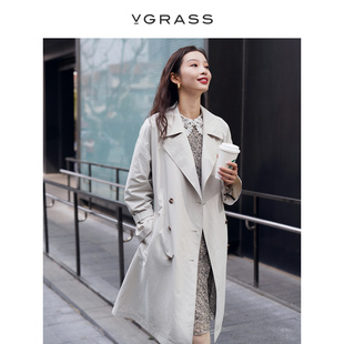 vgrass复古白色气质风衣外套，女春舒适大翻领设计vsf2o10210