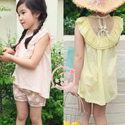韩版女童无袖裙衫宝宝黄色中长款上衣，薄夏前短后长棉背心裙荷叶边